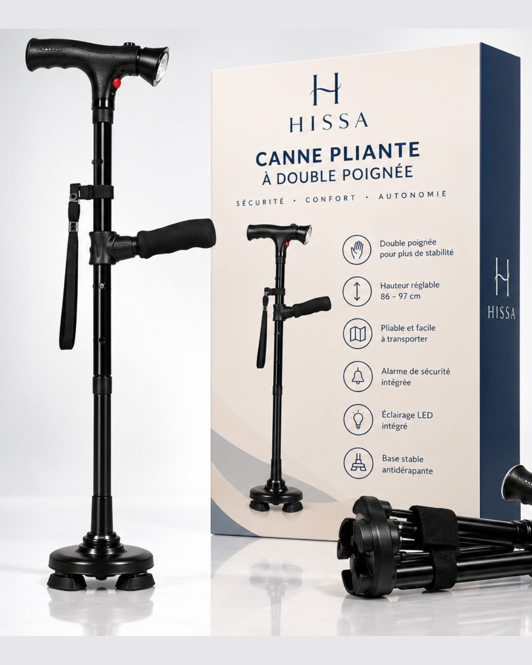 La canne Hissa à double poignée, dépliée, à côté de sa boîte