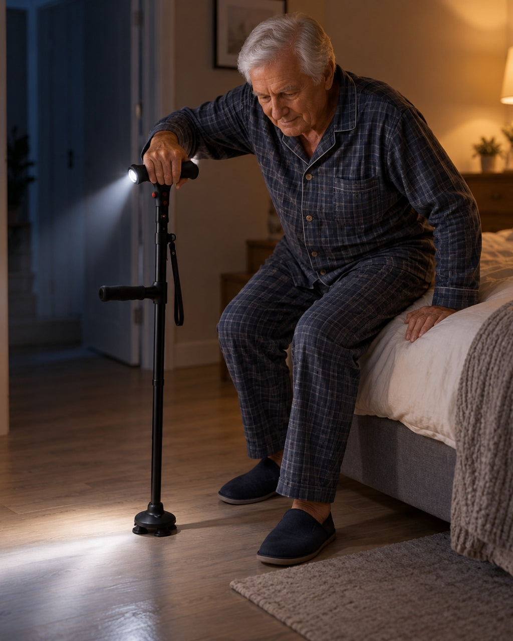 La nuit, au bord du lit : la lampe LED de la canne Hissa éclaire le sol