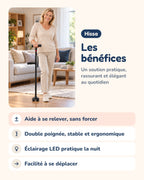 Les bénéfices de la canne Hissa : aide à se relever sans forcer, double poignée stable et ergonomique, éclairage LED pratique la nuit, facilité à se déplacer