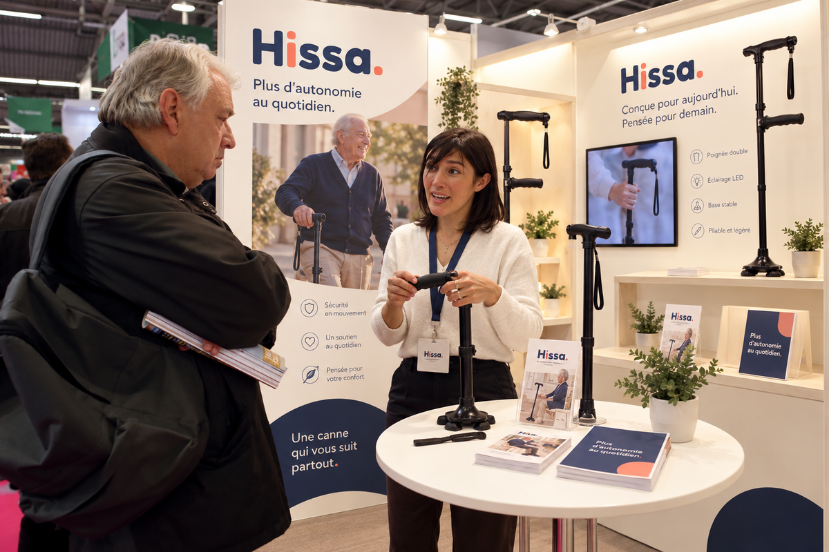 Présentation de la canne Hissa à un visiteur, sur le stand Hissa d'un salon